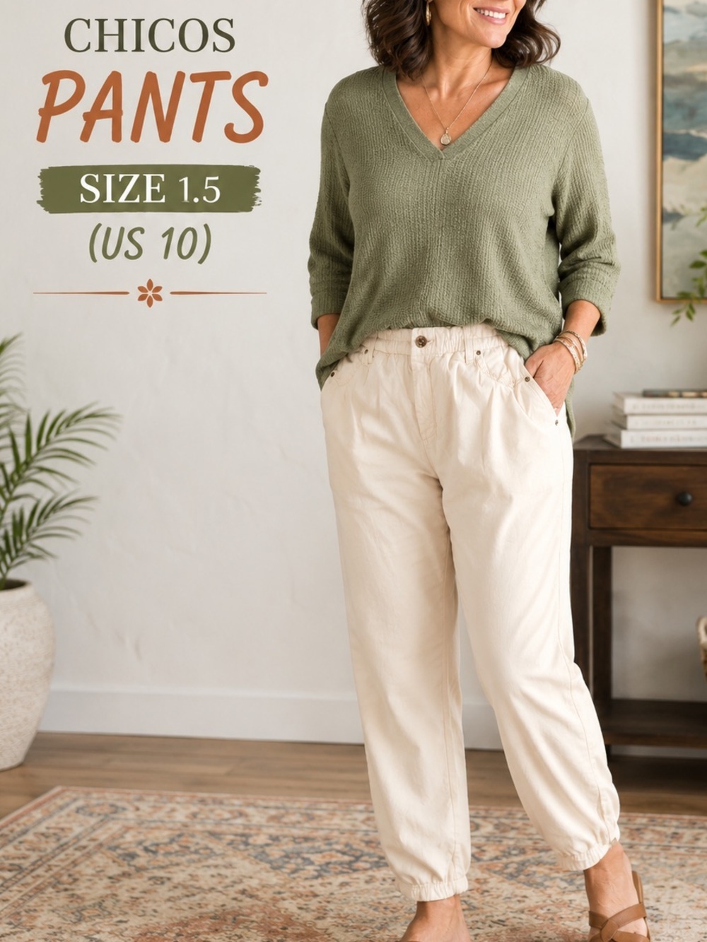 Chico's Cream Casual Elastic-Waist Pants Chicos size 1.5